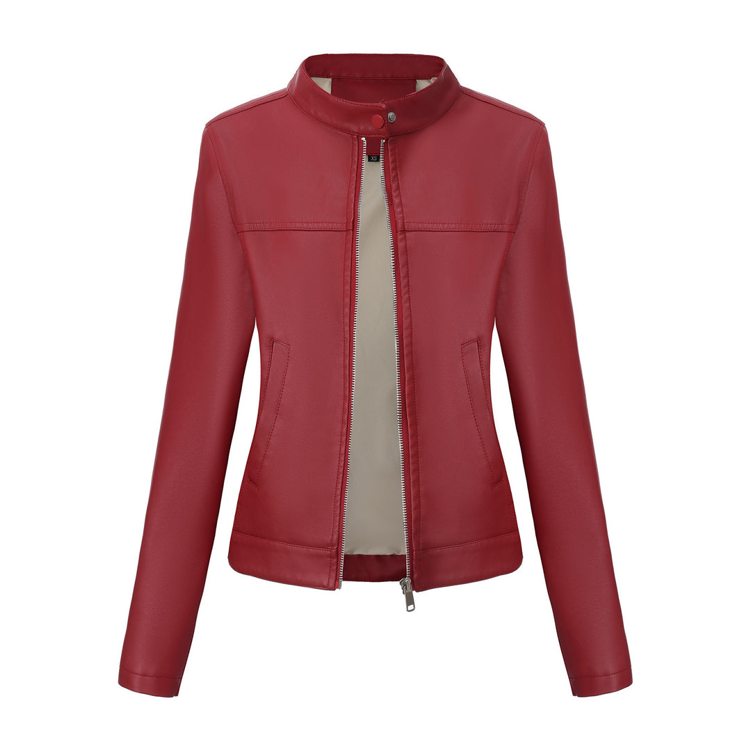 Ladies' tailored faux leather jacket with stand-up collar, concealed zipper, and clean minimal design Mune Fashion