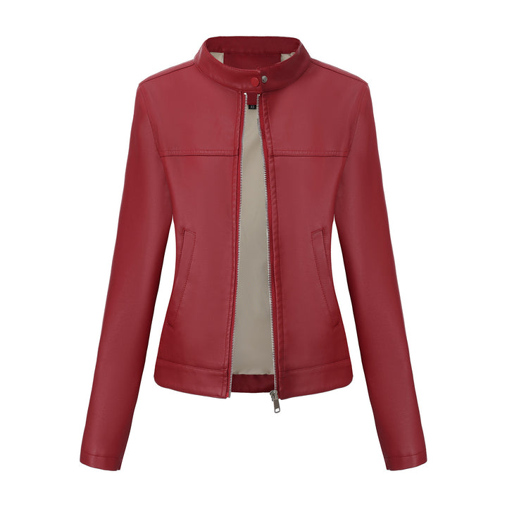 Ladies' tailored faux leather jacket with stand-up collar, concealed zipper, and clean minimal design Mune Fashion