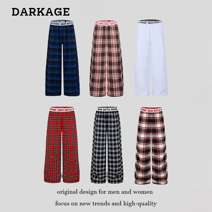 Ladies Wide Lounge Pants with Check Pattern and Elastic Logo Waistband Mune Fashion