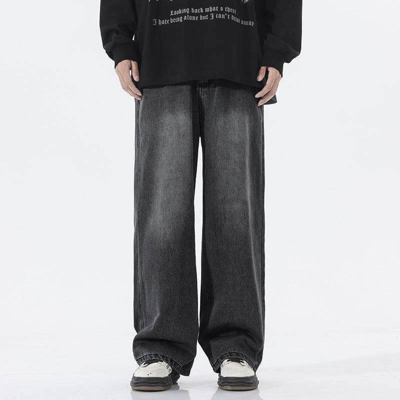 Men's Wide Floor-Length Denim Palazzo Pants with Extended Hem and Soft Used Accents Mune Fashion