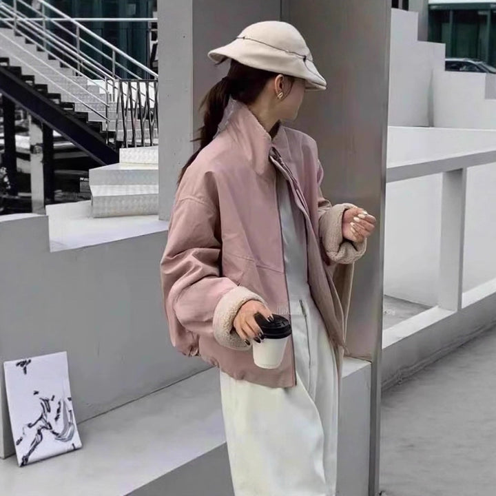 Women's Short Oversized Bomber Jacket with Teddy Lining at Cuffs and Stand Collar Mune Fashion