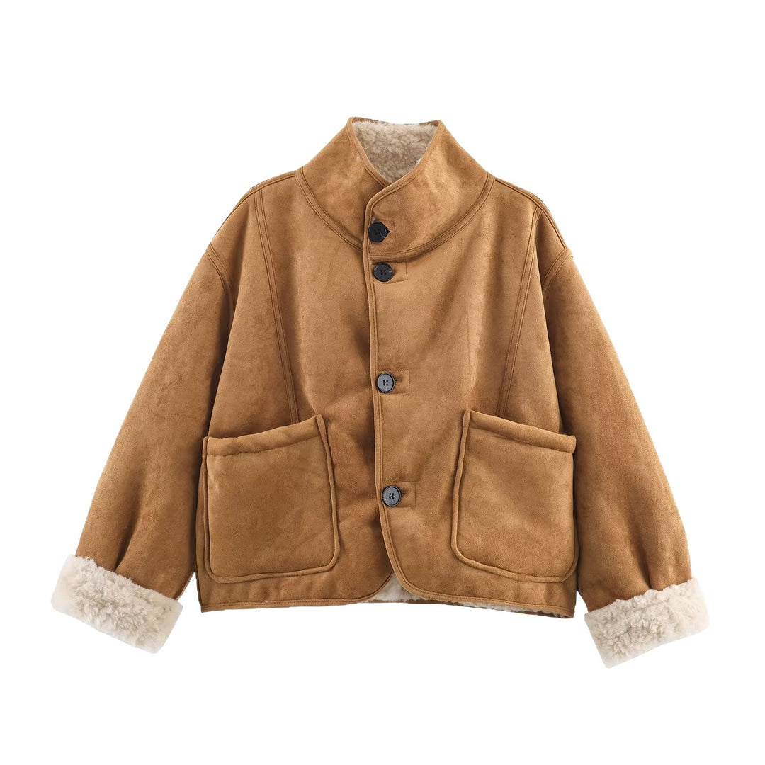 Women's Short Lambskin Imitation Jacket in Boxy Cut with Stand-Up Collar and Large Outer Pockets Mune Fashion