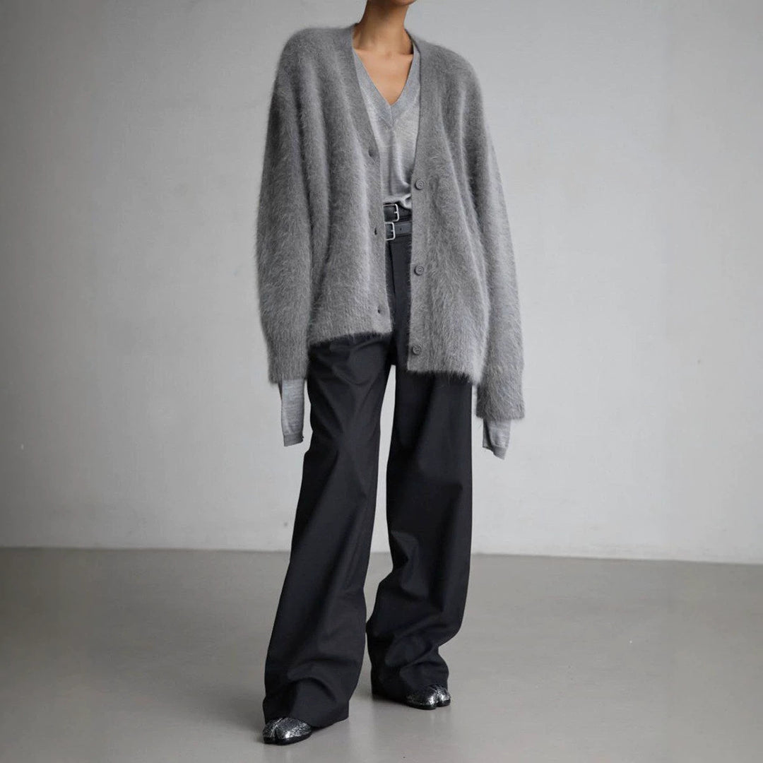 Women Fluffy Mohair-Optic Cardigan with V-Neck and Oversize Cut Mune Fashion