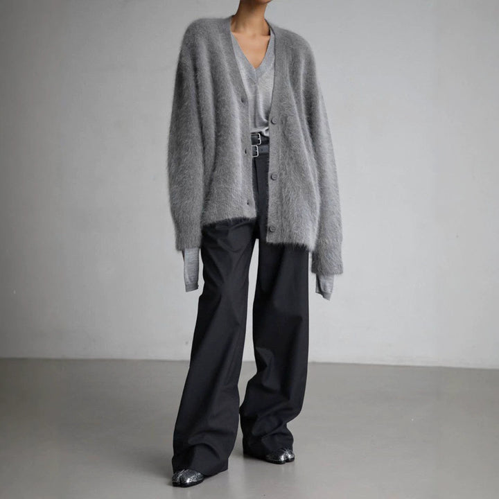 Women Fluffy Mohair-Optic Cardigan with V-Neck and Oversize Cut Mune Fashion