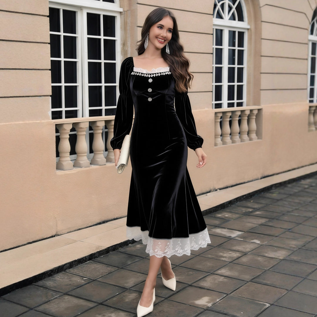 Ladies Velvet Midi Dress with Square Neckline, Puff Sleeves and Lace Underlay Mune Fashion