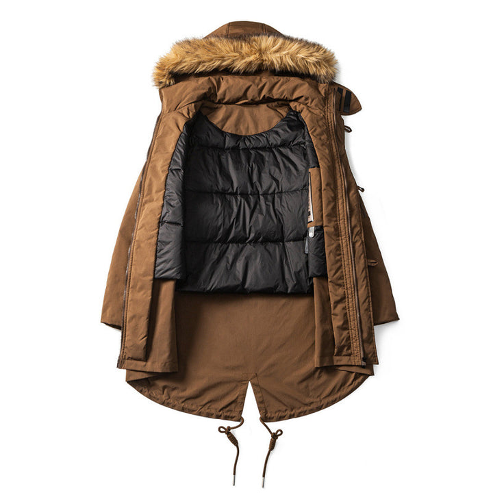 Men's Quilted Parka in Fish Tail Cut with Detachable Faux Fur Hood and Thermal Lining Mune Fashion