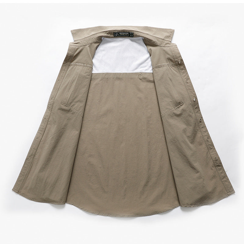 Men's lightweight technical outdoor shirt with roll-up sleeves, chest pockets, and breathable ripstop fabric
