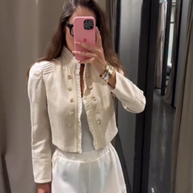 Women's cropped jacket with ruffle trim, puff sleeves, and double-breasted button placket Mune Fashion