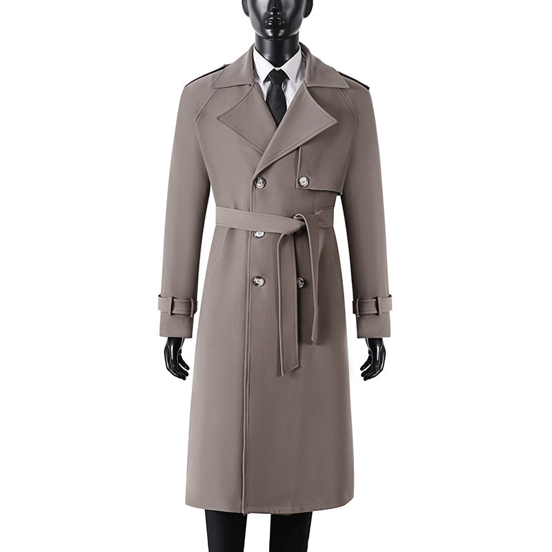 Men's Long Minimalist Trench Coat with Storm Flap, Waist Belt, and Adjustable Cuffs Mune Fashion