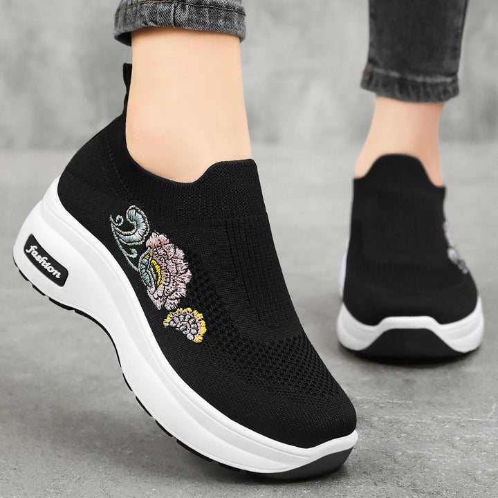Women's elastic knitted slip-on with embroidered floral motif and supportive wedge outsole Mune Fashion