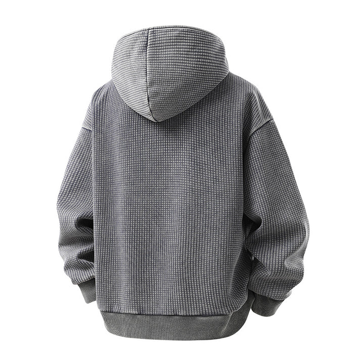 Men's Oversize Waffle Structure Hooded Jacket with High Funnel Collar and Diagonal Zipper Mune Fashion
