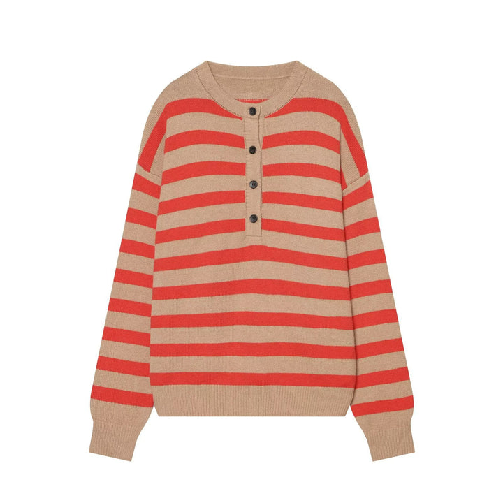 Women's Striped Oversize Knit Sweater with Henley Button Placket Mune Fashion