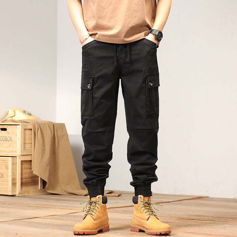 Men's Multifunctional Canvas Cargo Pants in Jogger Style with Elastic Ankle Cuffs, Flap Pockets, and Knee Reinforcement Mune Fashion