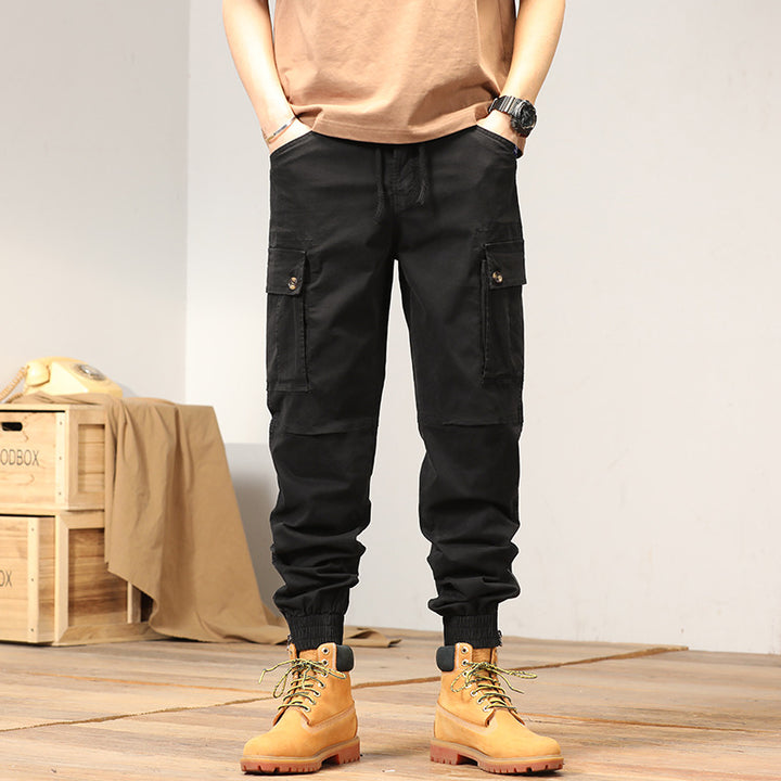 Men's Multifunctional Canvas Cargo Pants in Jogger Style with Elastic Ankle Cuffs, Flap Pockets, and Knee Reinforcement Mune Fashion