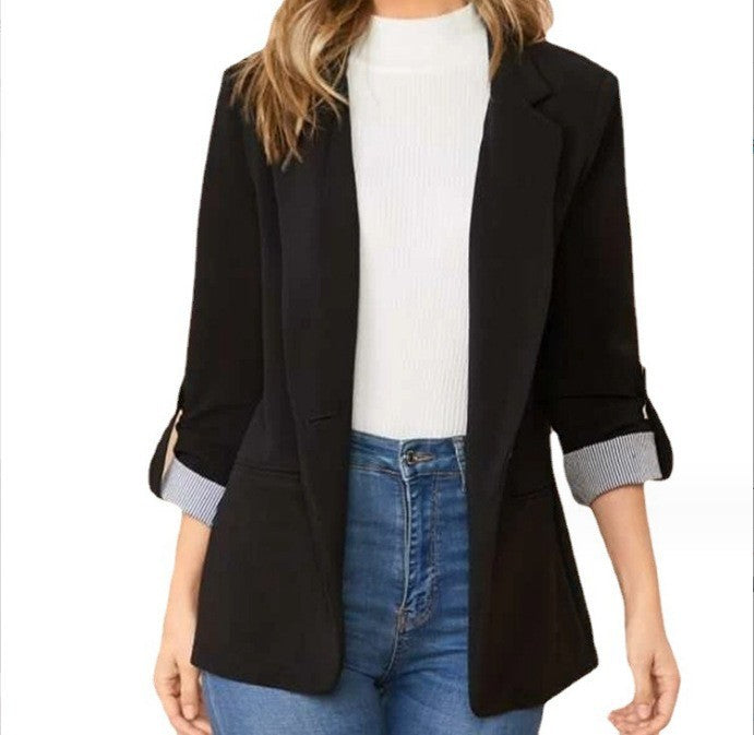 Women nan tailored casual blazer with turned-up sleeves and decorative button detail Mune Fashion