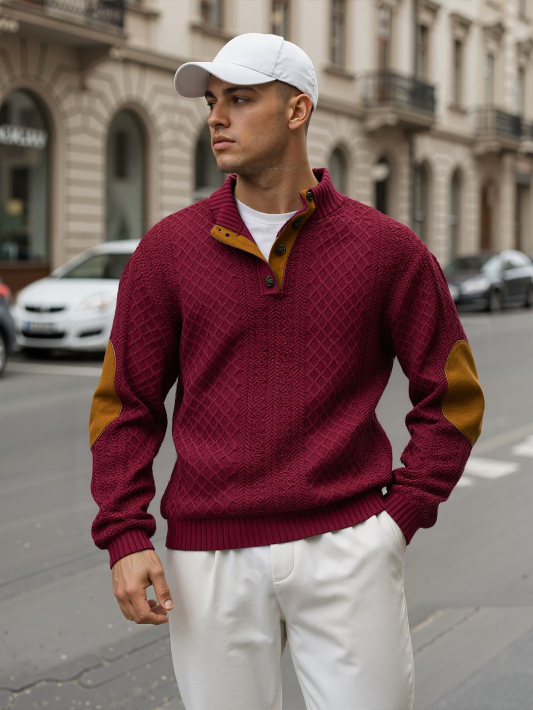 Men's troyer sweater with stand-up collar, structured knit look and contrast elbow patches Mune Fashion