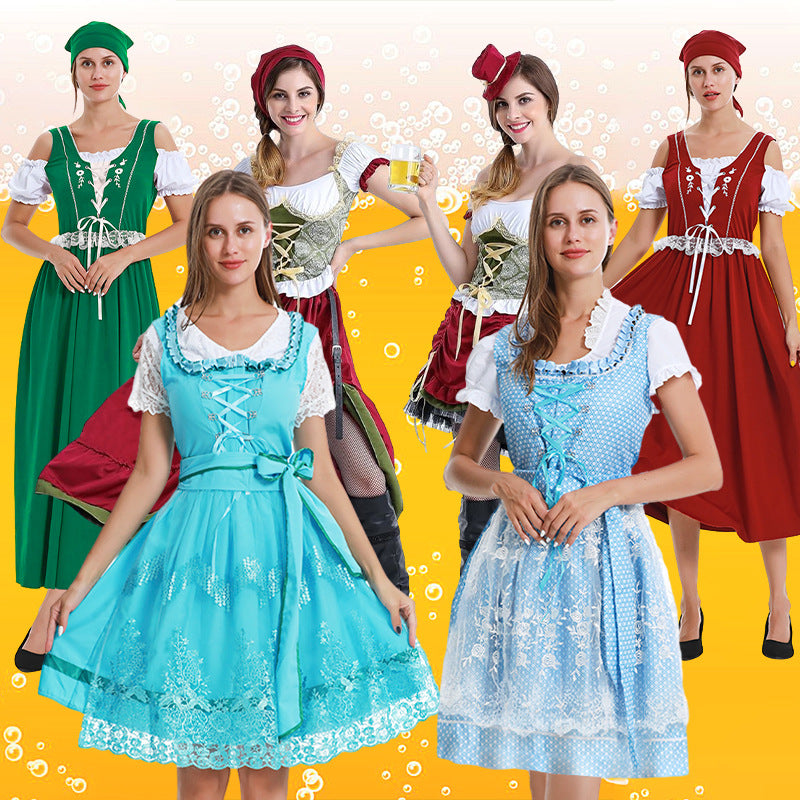 Women’s short traditional dress in Dirndl style with floral lace apron, laced bodice front and gathered Carmen blouse Mune Fashion