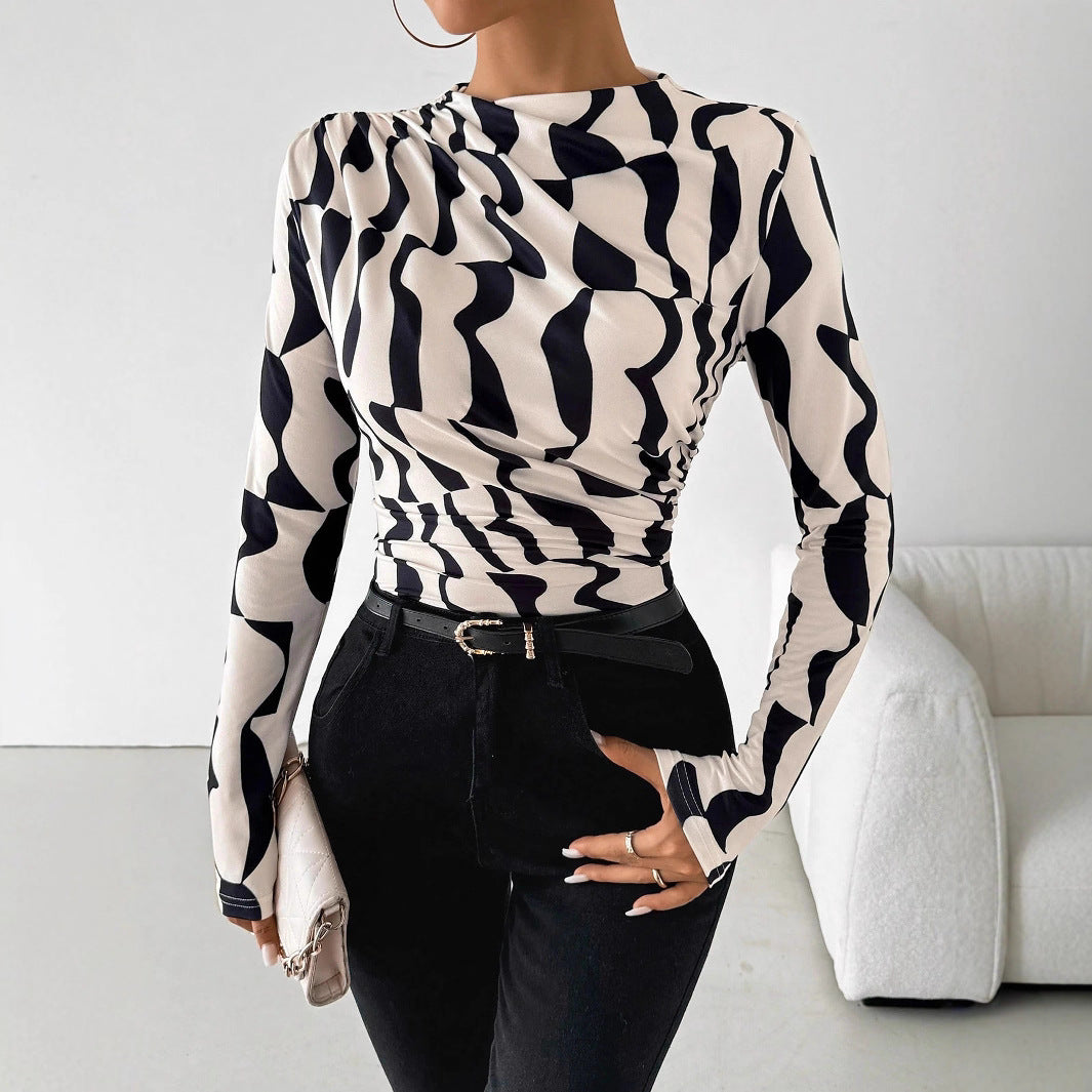 Women's tailored long-sleeve shirt with side gathering and waterfall neckline Mune Fashion