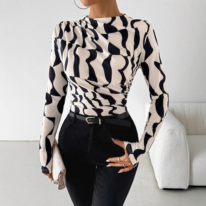 Women's tailored long-sleeve shirt with side gathering and waterfall neckline Mune Fashion