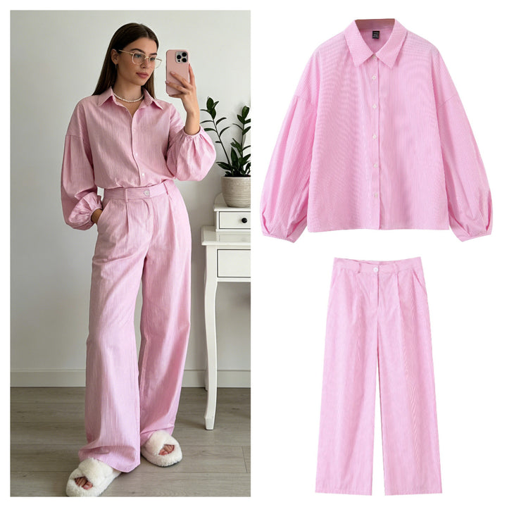 Women Two-Piece Striped Set with Oversized Shirt and High-Waist Palazzo Pants Mune Fashion