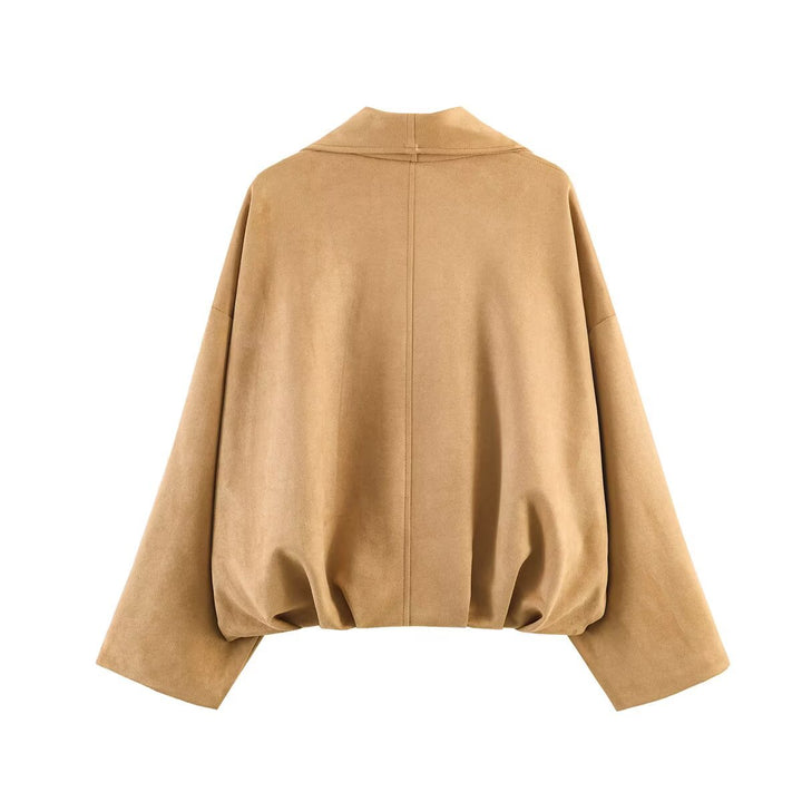 Women short cut oversized suede jacket with wide waterfall collar Mune Fashion