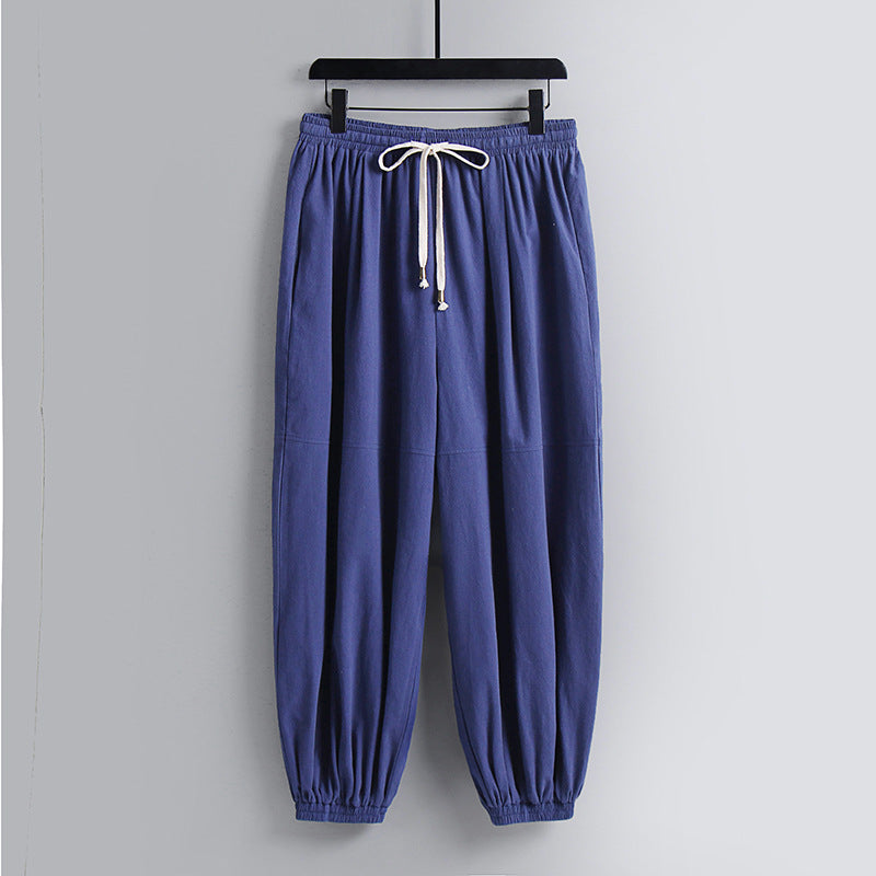 Women's wide cotton-linen casual pants with drawstring and elastic ankle cuffs Mune Fashion
