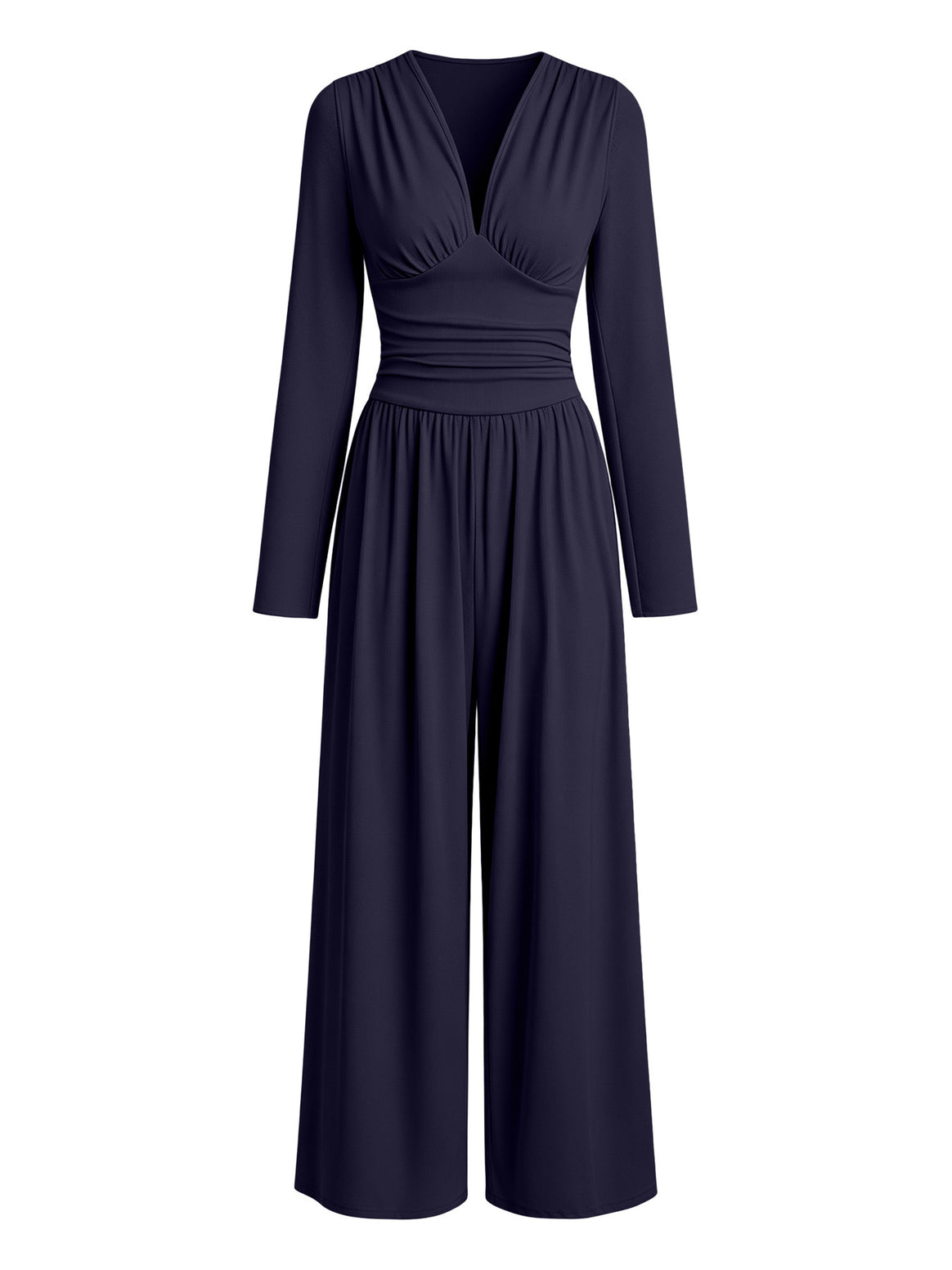 Ladies Elegant V-Neck Jumpsuit with Fitted Wrap Waist and Wide Leg Mune Fashion