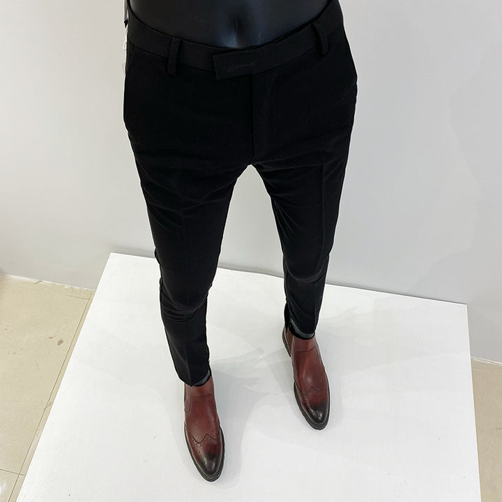 Men's slim elegant suit pants with stretch waistband, crease and narrow tapered leg Mune Fashion