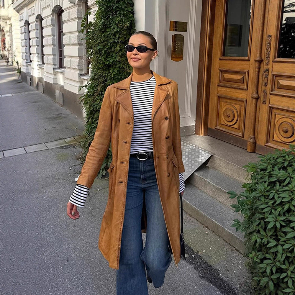 Women's Longer Tailored Leather Trench Coat with Double-Breasted Button Placket and Notched Collar Mune Fashion