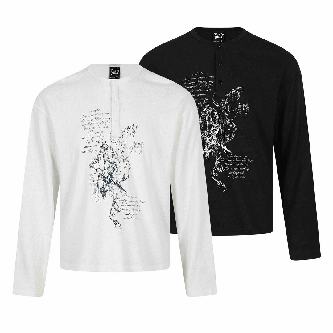 Unisex Long Sleeve Henley Shirt with Button-Up Chest Placket and Vintage Illustration Print Mune Fashion