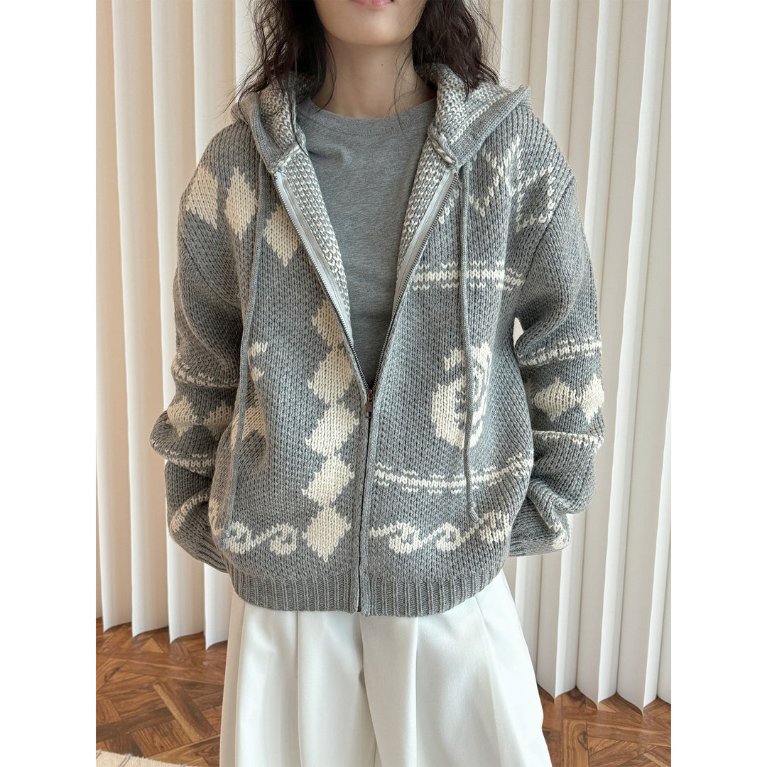 Women's chunky knit hooded cardigan with zipper and Norwegian pattern Mune Fashion