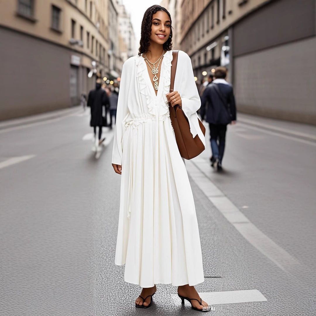 Women's maxi dress with ruffles, tie collars and wide bell sleeves Mune Fashion