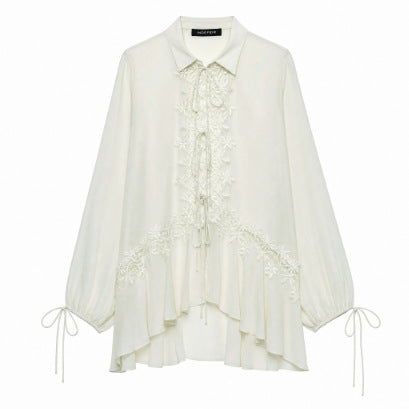 Women Romantic Chiffon Blouse with Lace Application, Ruffle Hem and Ties Mune Fashion