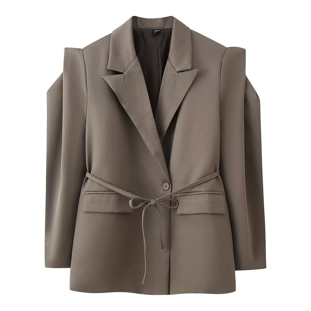 Women's blazer with shoulder cutouts, belted waist and single button closure Mune Fashion