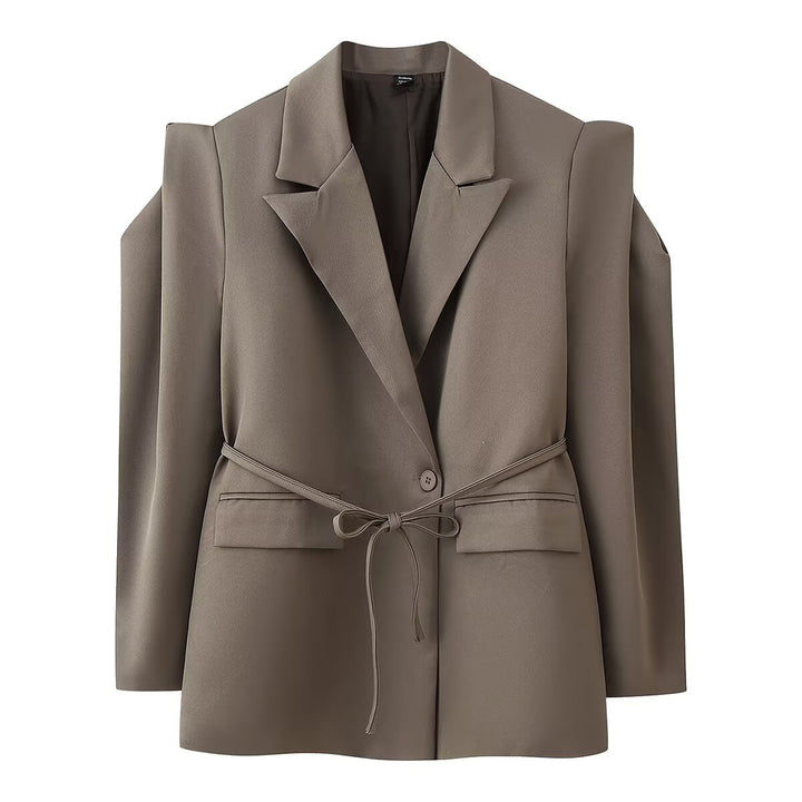 Women's blazer with shoulder cutouts, belted waist and single button closure Mune Fashion