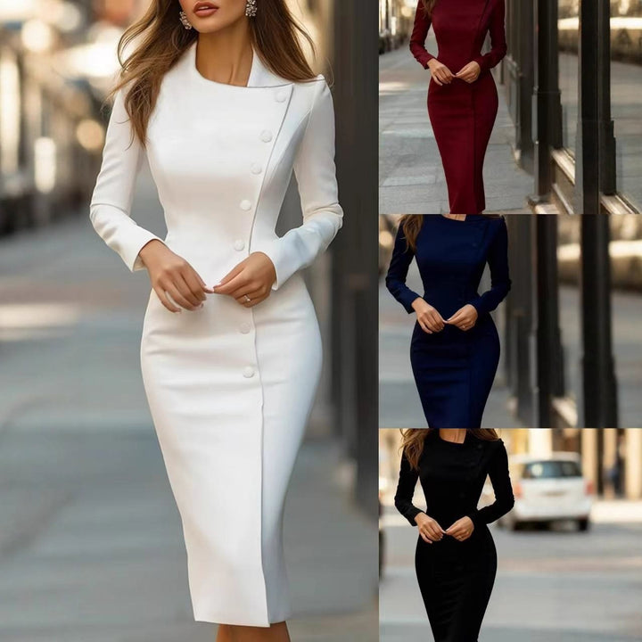 Women's Body-Conscious Pencil Dress with Concealed Asymmetrical Button Placket and Stand Collar Mune Fashion