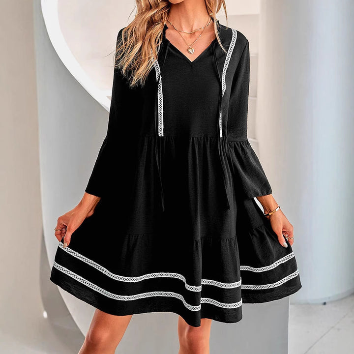 Women Layered Tunic Dress with V-Neck, Drawstring and Bell Sleeves Mune Fashion