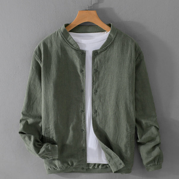 Men's Lightweight Linen Bomber Jacket with Stand Collar and Snap Buttons Mune Fashion