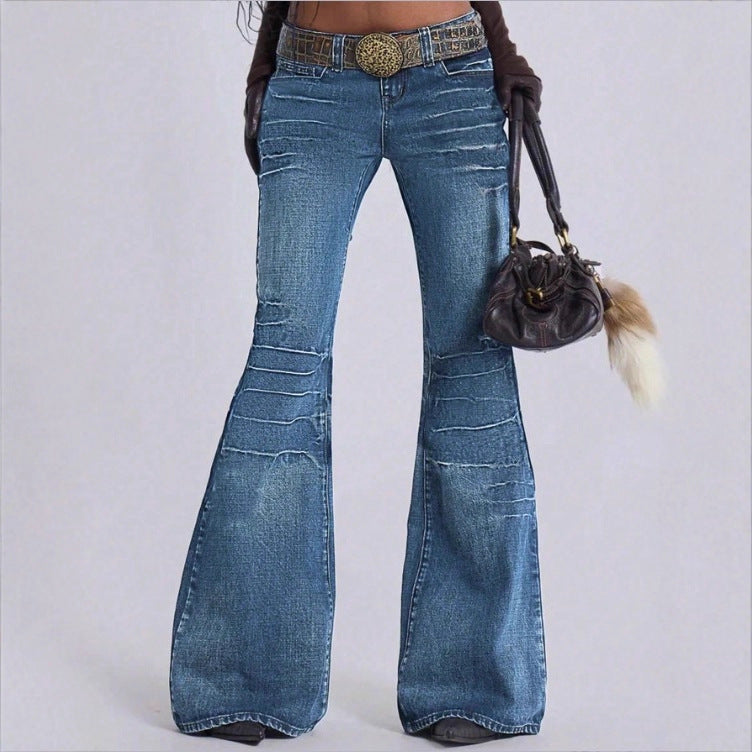 Women's High-Waisted Vintage Flared Jeans in Seventies Style with Horizontal Ribbed Look and Extra Wide Flare Mune Fashion