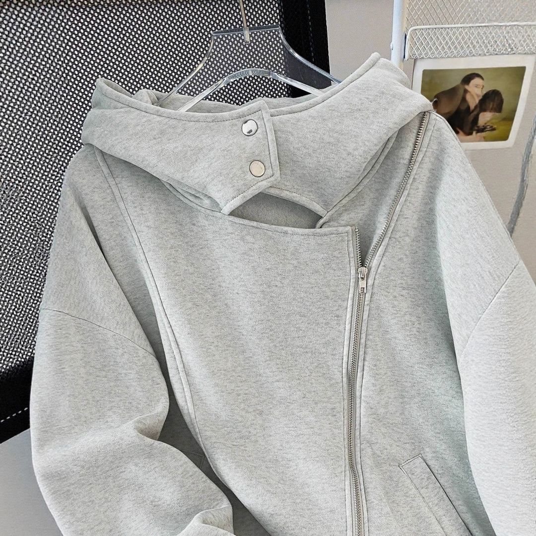 Women Oversized Hoodie Jacket with Asymmetric Zipper and Cut-Out Detail Mune Fashion