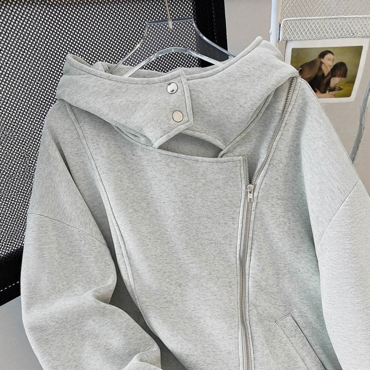 Women Oversized Hoodie Jacket with Asymmetric Zipper and Cut-Out Detail Mune Fashion