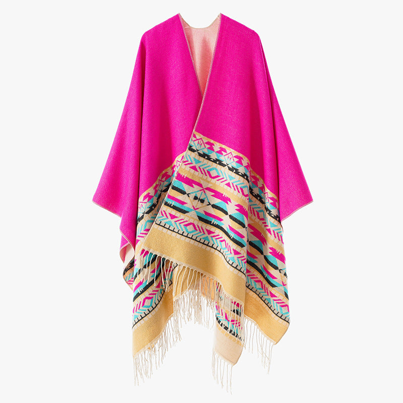 Women's Oversize Reversible Poncho made of Wool Blend with Ethno Jacquard and Fringe Hem Mune Fashion