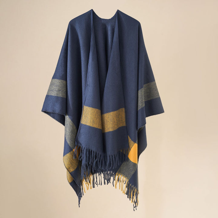Women's Wool Blend Poncho with Check Pattern and Fringing Mune Fashion