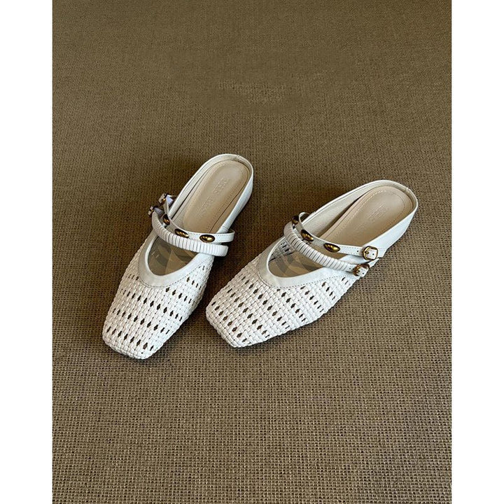 Women's Braided Mule Slippers with Square Toe and Double Adjustable Strap Mune Fashion