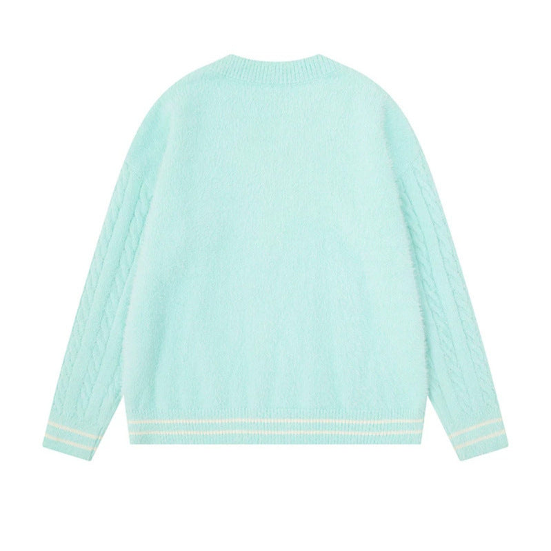Women's V-neck knitted sweater with cable sleeves and chenille cat motif Mune Fashion