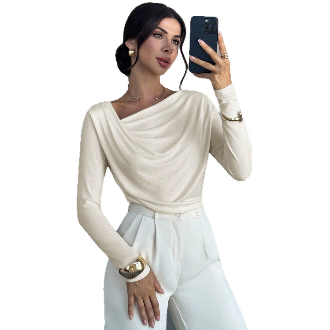 Women's elegant draped long sleeve top with waterfall collar and tailored silhouette Mune Fashion