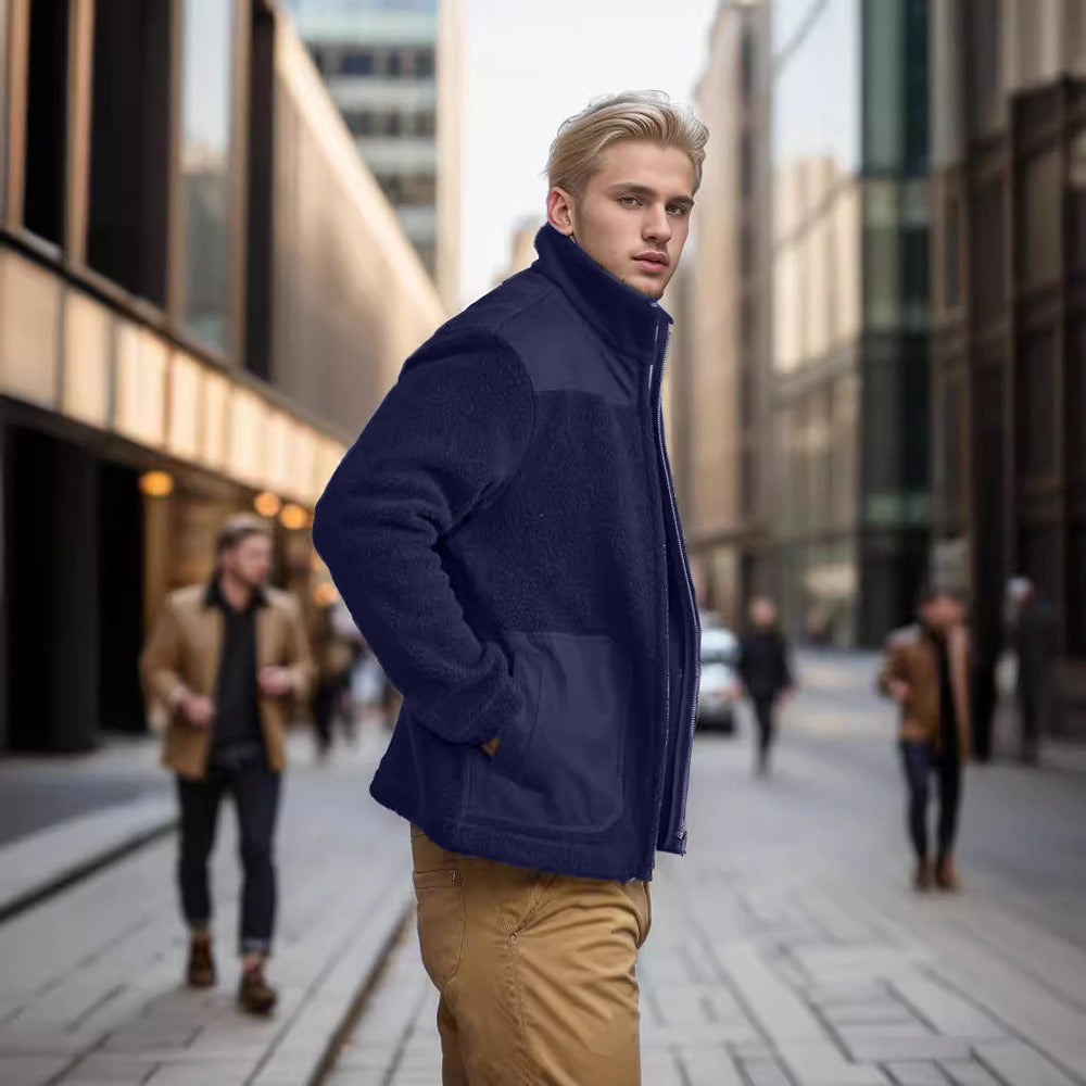 Men's fleece bomber jacket with standing collar, contrasting yoke and zipper Mune Fashion