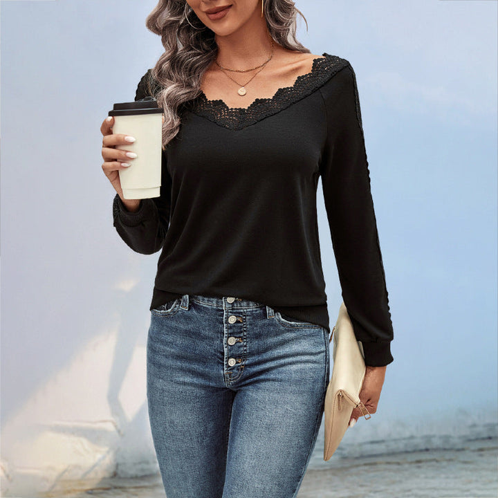 Women's fine knit long sleeve with lace V-neck and lace trim on the sleeves Mune Fashion