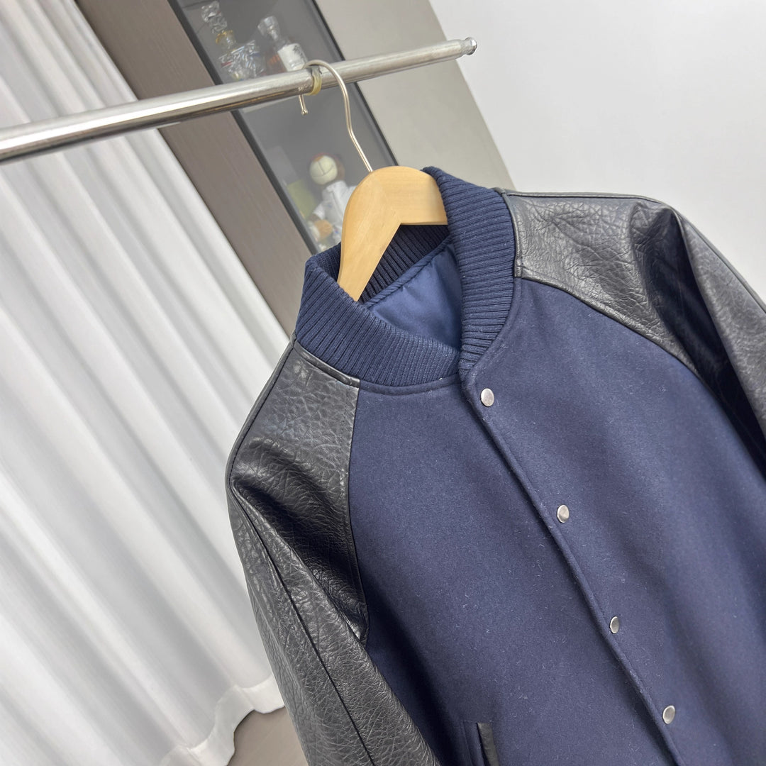 Men's College Bomber Jacket with Wool Blend Body and Structured Leather Look Sleeves Mune Fashion