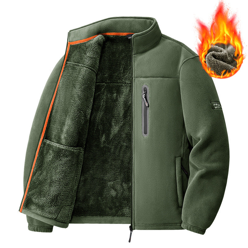 Men's thermal fleece jacket with high-pile teddy lining, chest zip pocket, and windproof front shell